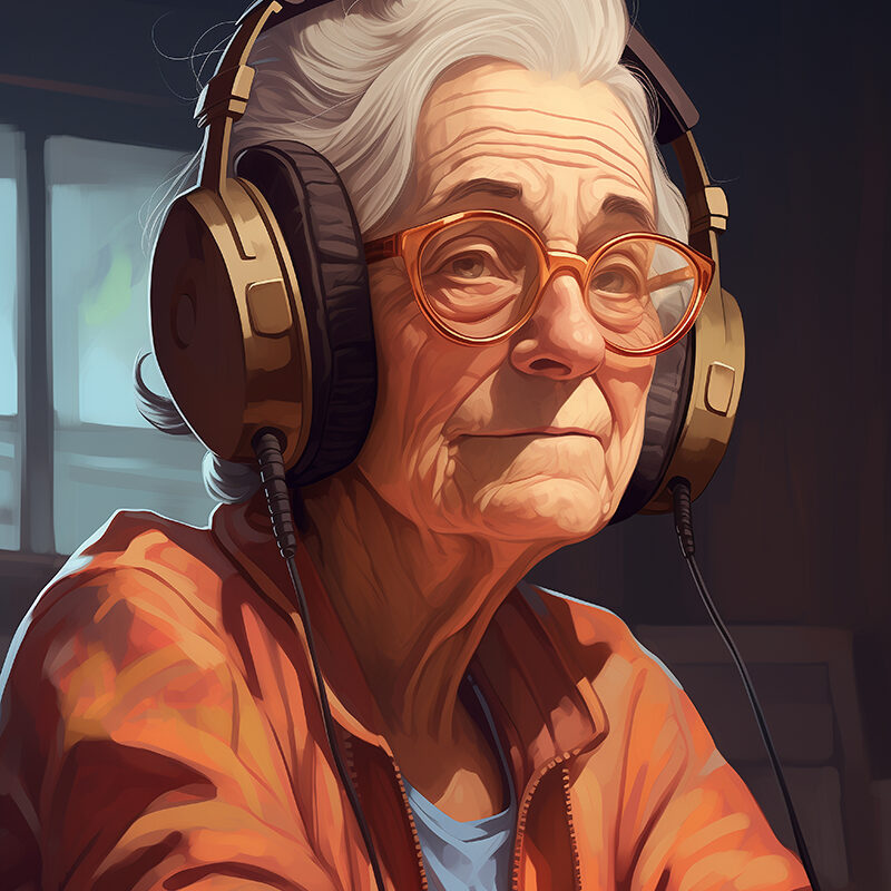 ladyold old woman with headphones, comic style, cinematic --ar 3:4 --v 5.2 Job ID: 19b59391-c615-4106-83b4-901191a440c1